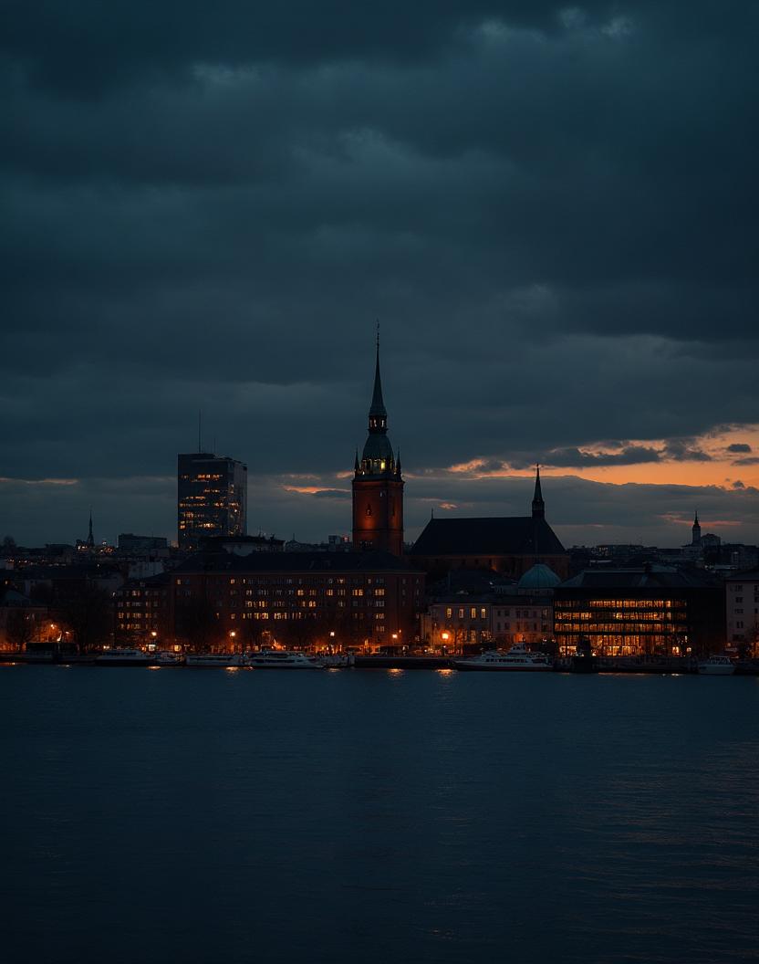 Stockholms stadssilhuett med Gamla Stan i gyllene skymningsljus