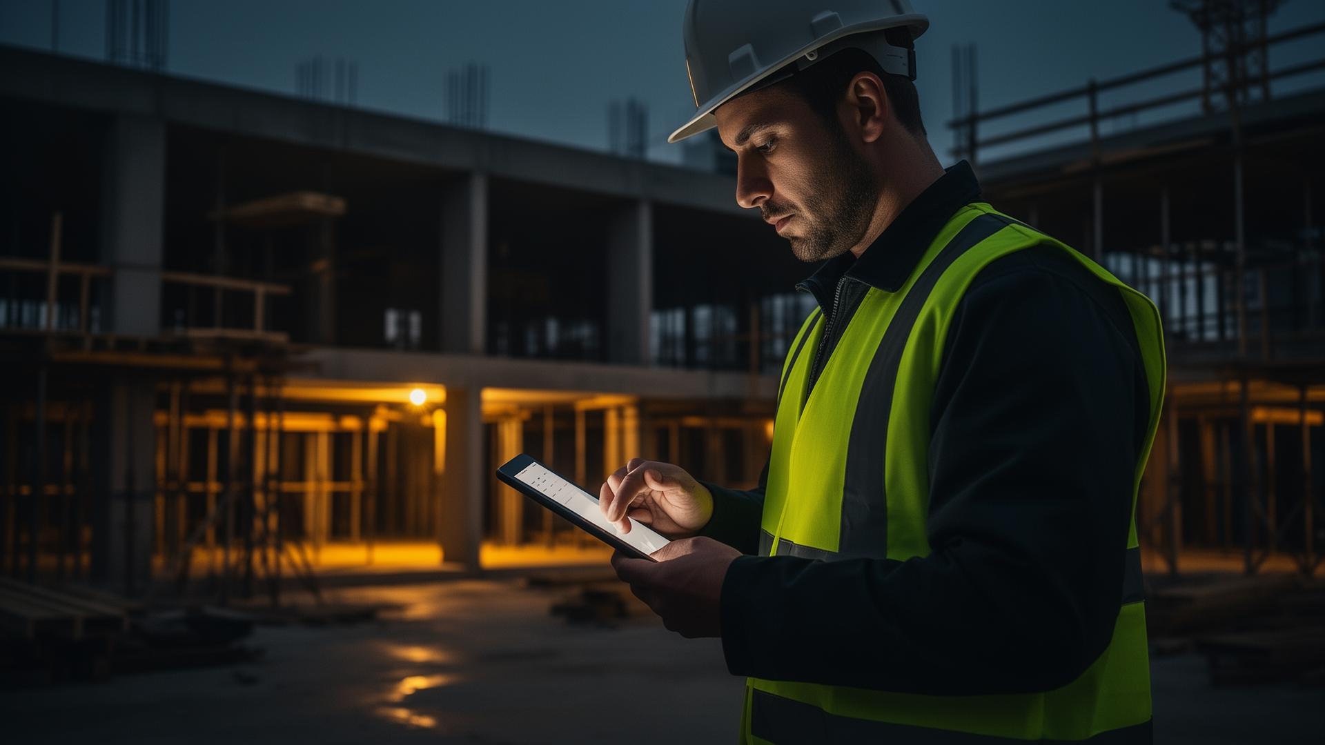 Byggarbetare med surfplatta planerar projekt på modern byggarbetsplats